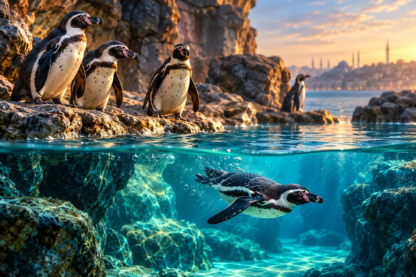 Havuz kenarında ve suda penguenlerin temsili çizimi